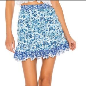 Hemant & Nandita Suho Blue Mini Skirt | Boho Floral Ruffle Hem Size Small